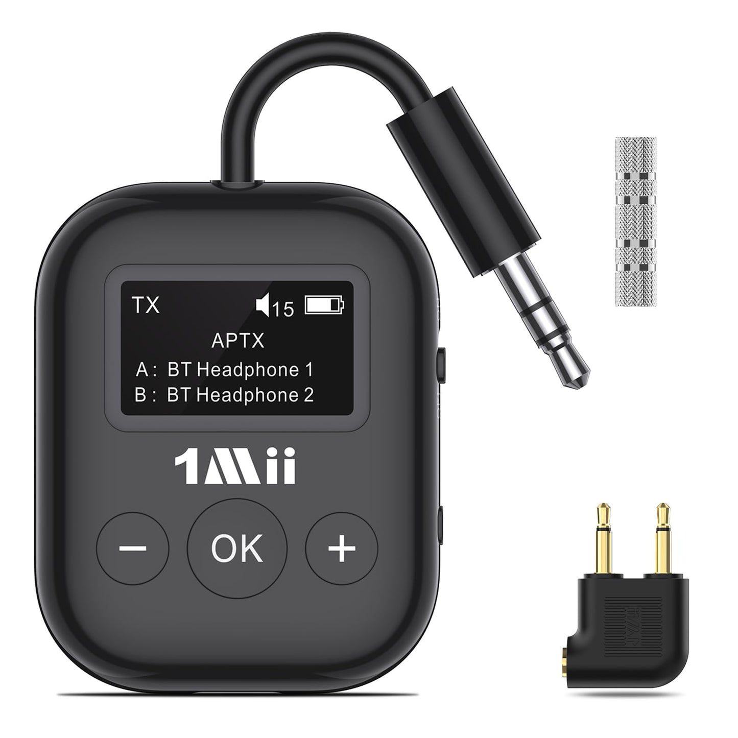 1Mii Bluetooth Transmitter for Airplane, Bluetooth 5.3 Adapter for TV,Airplane Travel Essentials, Aptx Low Latency Wireless Audio Aux for Headphones, Any 3.5mm Jack,Linking 2 Devices (White)