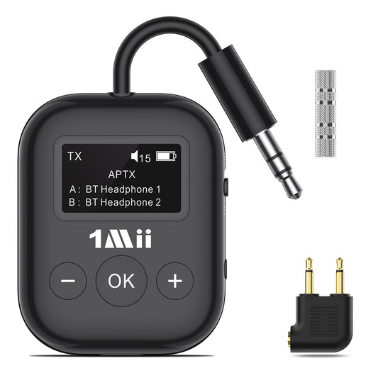 1Mii Bluetooth Transmitter for Airplane, Bluetooth 5.3 Adapter for TV,Airplane Travel Essentials, Aptx Low Latency Wireless Audio Aux for Headphones, Any 3.5mm Jack,Linking 2 Devices (White)