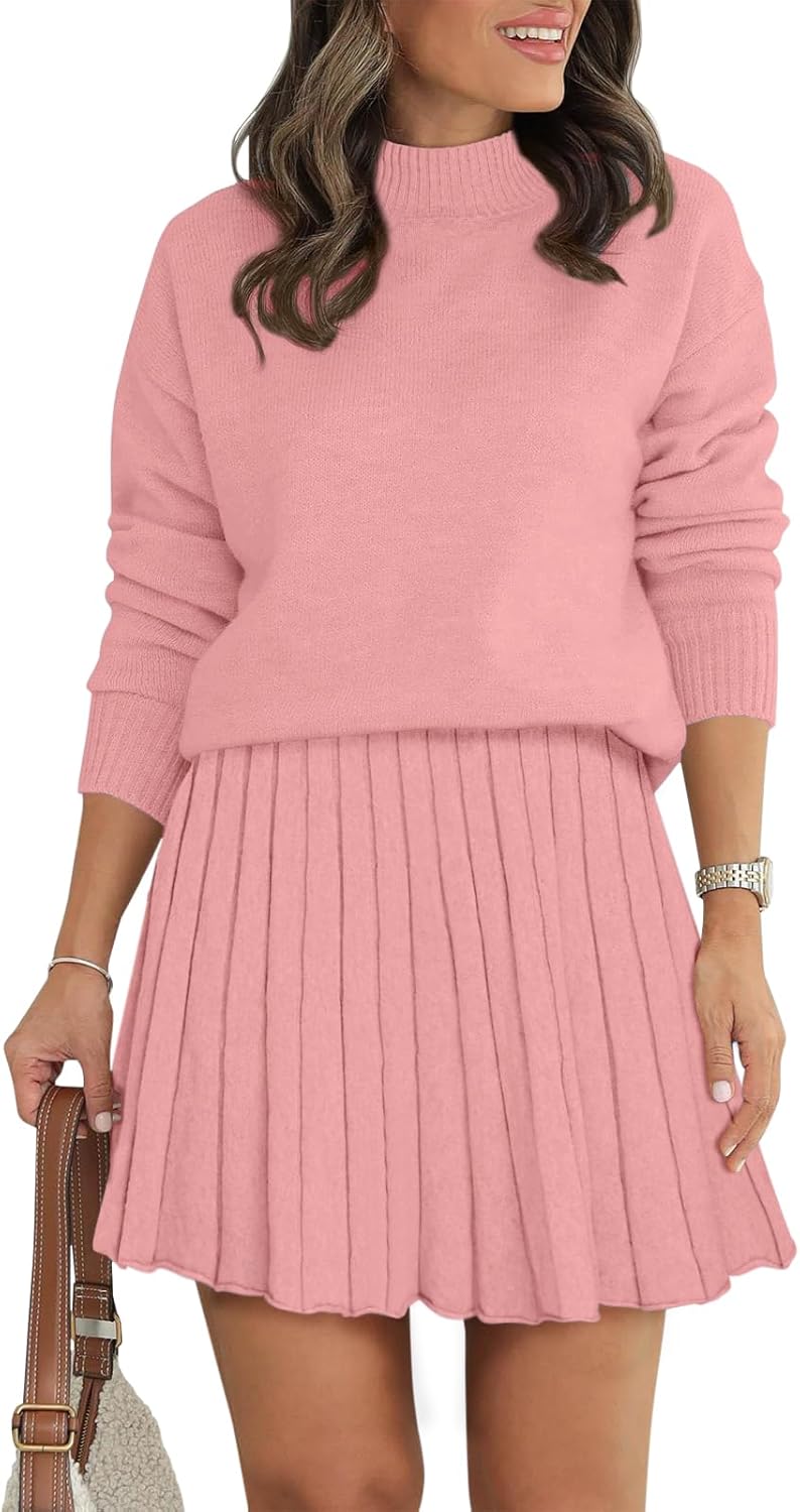 Women's Two Piece Outfits Turtleneck Long Sleeve Ribbed Knit Tops Pleated Mini Skirt 2025 Casual Sweater Sets