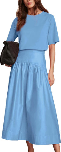 Bozanly Summer Two Piece Outfits Skirts Set for Women Crewneck Short Sleeve Tee and Midi Skirt Sets Dresses