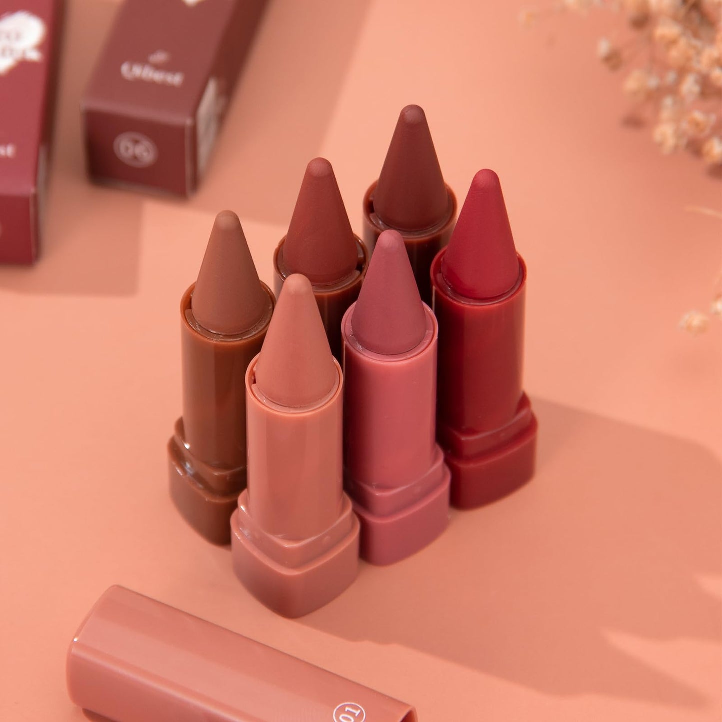 Jolilab 6PCS Lip Liner Lipstick Mini Set, Gradient Matte Nude Velvet Lip Liner Pencil High Pigmented Long Lasting Natural Smooth Lip Makeup Easy-to-Use Crayon Form and Cone Tip
