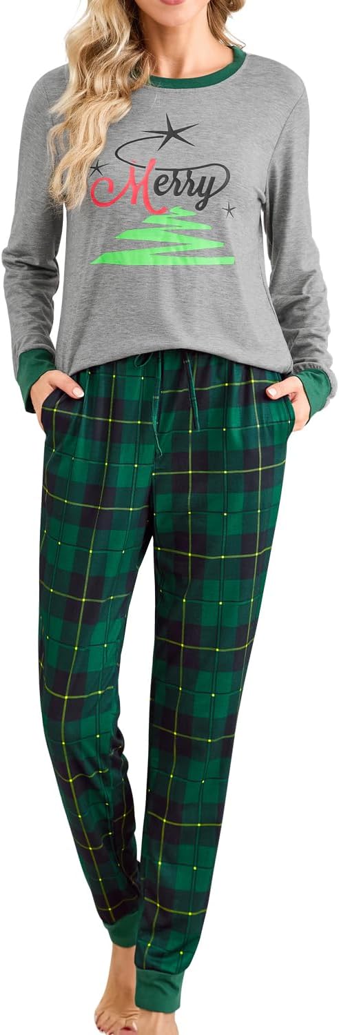 difficort Womens Christmas Pajamas Long Sleeve Pj Set Soft Plaid Pants Sleepwear with Pockets