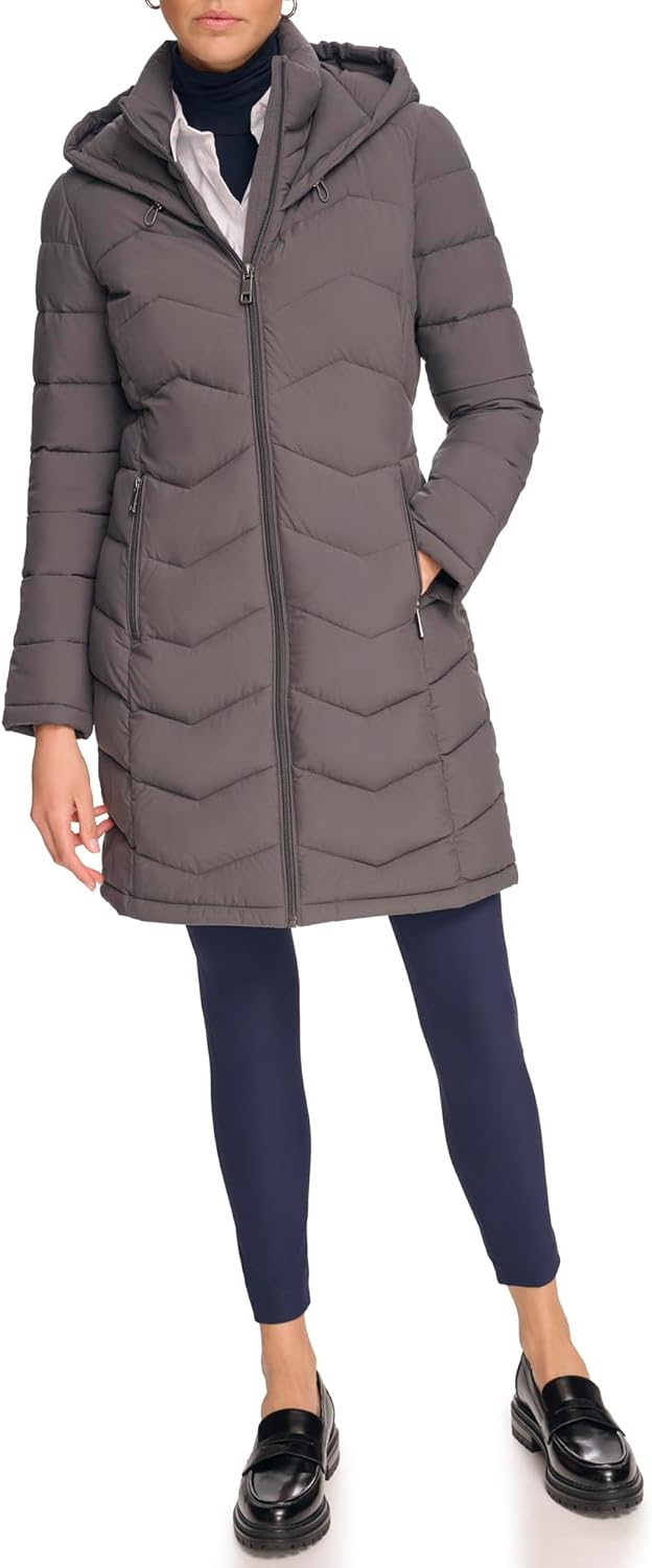 Calvin Klein womens Long Chevron Bib-front Light-weight Jacket