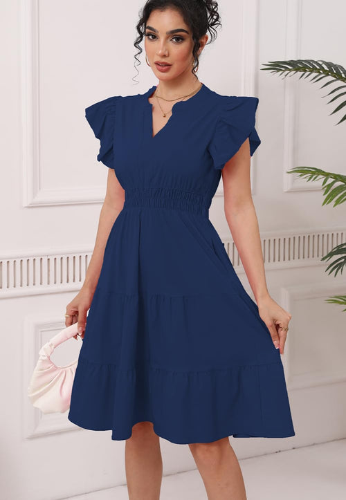 Women's Summer Midi Dresses Casual Ruffle Sleeve V-Neck Flowy Tiered Beach Vacation Party Sundress