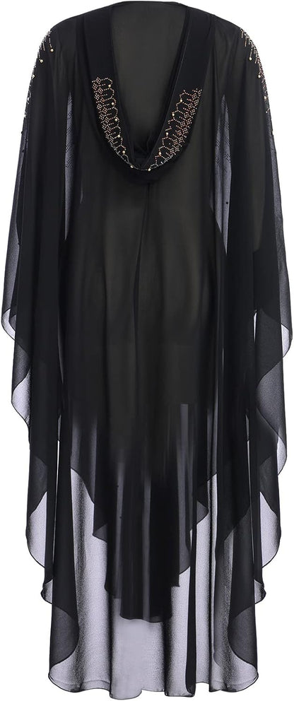 OBEEII Muslim Dress for Women Loose Batwing Sleeved Hooded Beaded Embroidery Long Abaya Dress Kaftan Abayas Islamic Robe