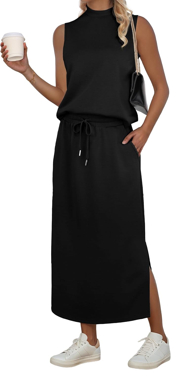GRECERELLE Two Piece Skirt Sets for Women Summer Outfits with Pockets Lounge Sets Mock Neck Tops Split Maxi Skirt
