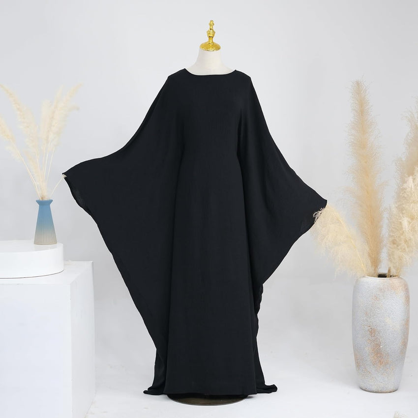 Abaya Dress for Women Soft Crepe Like Linen Khimar Butterfly Batwing Dubai Islam Muslim Kaftan Modest Prayer Dress