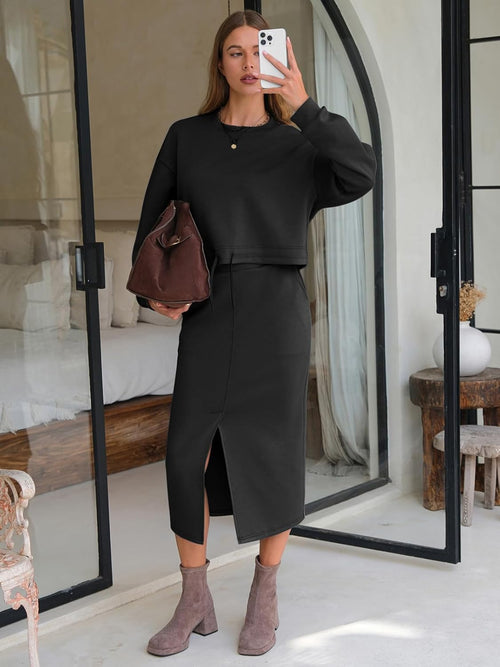 EXLURA Womens 2 Piece Skirts Set Fall Airport Drawstring Sweatshirts Midi Skirt Dress Lounge Sets Travel Outfits Winter 2025