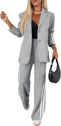 CHICME 2025 Womens Two Piece Outfits Striped Side Button Blazer and Pants with Pockets Sets Business Casual Pant Suits Set