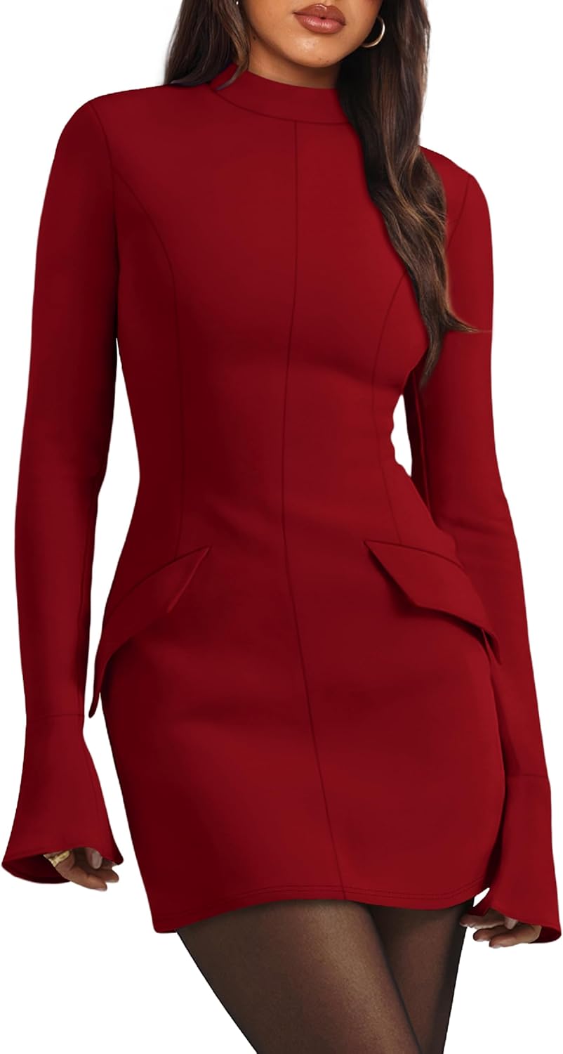 OFEEFAN Women's Fall Long Sleeve Mock Neck Dress Basic Party Club Bodycon Mini Dresses