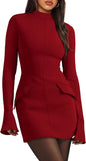 OFEEFAN Women's Fall Long Sleeve Mock Neck Dress Basic Party Club Bodycon Mini Dresses