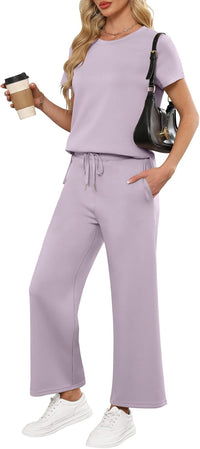 ANRABESS Women 2 Piece Lounge Sets Summer Travel Sweat Outfits Short Sleeve Wide Leg Casual Matching Tracksuits Clothes