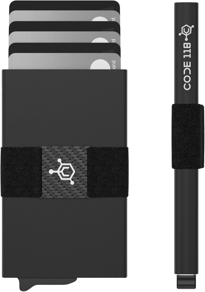 CODE 118 Wallet - Premium Automatic Smart Wallet, RFID Blocking, Pop Up Mens Minimalist Metal Wallet, 6061-T6 Aerospace-Grade Aluminum, Genuine 3K Carbon Fiber (Classic, Slate Grey)