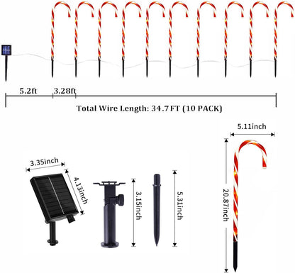 Christmas Decorations Outdoor, 10 Pcs Candy Cane Lights, 21'' Solar Pathway Lights with 8 Lighting Modes, Waterproof Garden Lights for Christmas Patio Yard Walkway Decorations