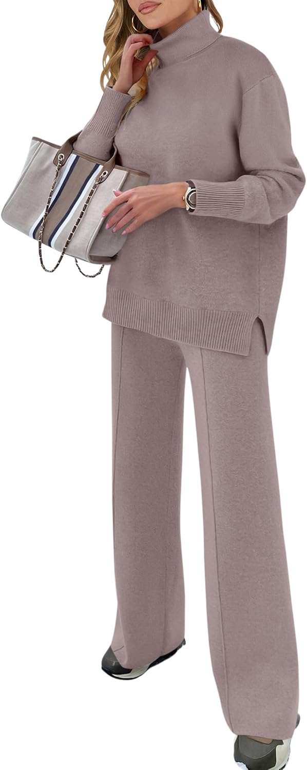 ANRABESS Womens 2 Piece Outfits Turtleneck Matching Lounge Set Sweater Top Wide Leg Pants Fall Cozy Knit Sweatsuit Loungewear