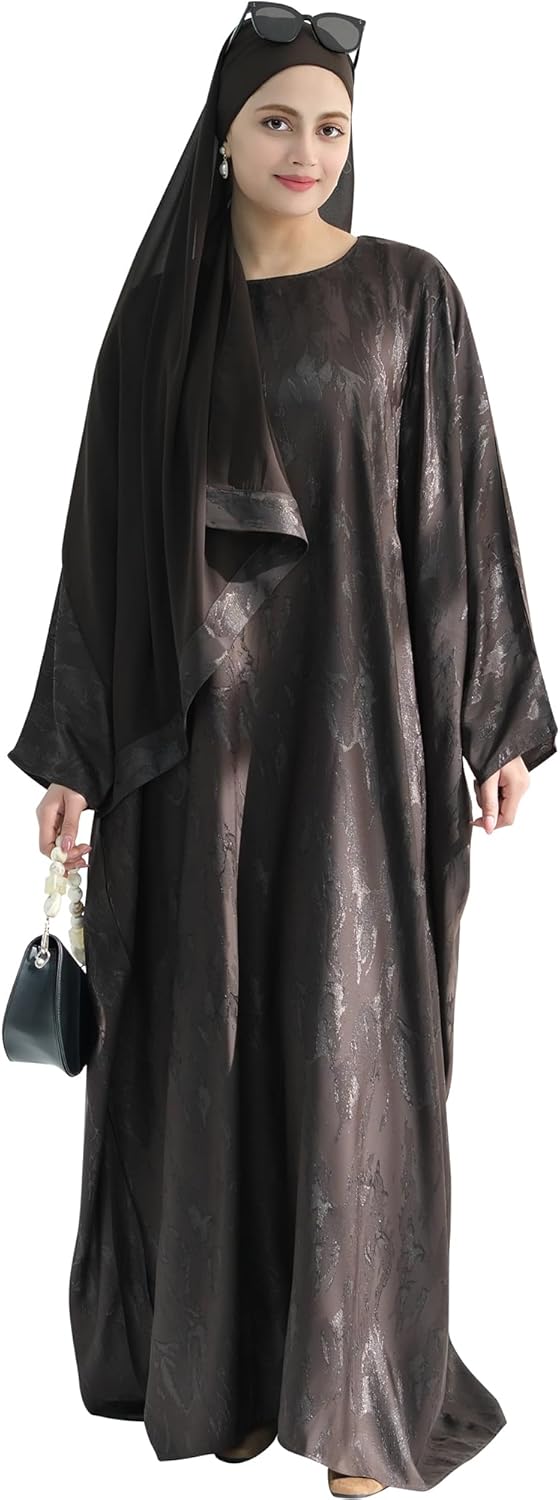 Elegant Eid Clothes Women Muslim Glossy Batwing Sleeve Abaya Ramadan Prayer Dress with Belt