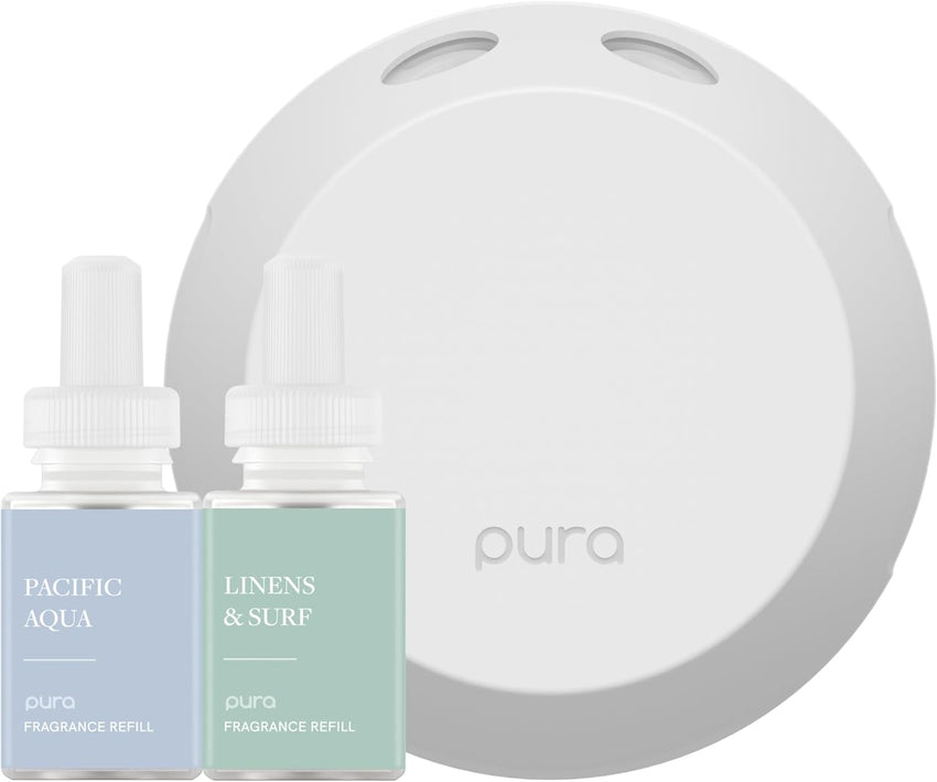 Pura - Smart Home Fragrance Device Starter Set - Pura 4 - Scent Diffuser for Home - Includes Fragrance Aroma Diffuser - Square Box, Linens & Surf and Yuzu Citron Scent Refills