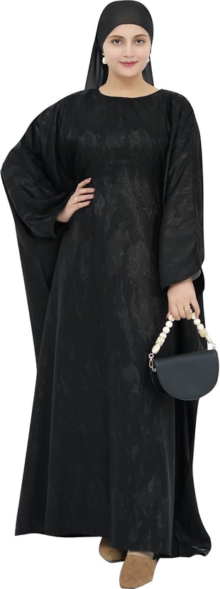 Elegant Eid Clothes Women Muslim Glossy Batwing Sleeve Abaya Ramadan Prayer Dress with Belt