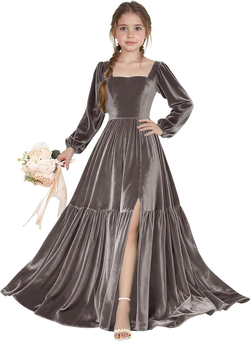 Long Sleeve Velvet Junior Bridesmaid Dresses Girls Holiday Dresses with Slit Christmas Maxi Dress Formal Party Gown