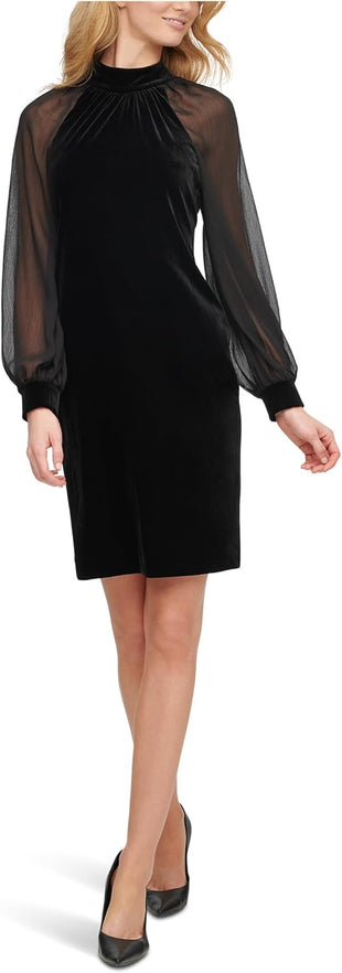 Calvin Klein Womens Velvet Sheath Dress with Illusion Sleeves