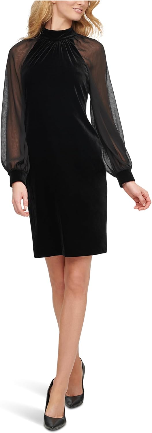 Calvin Klein Womens Velvet Sheath Dress with Illusion Sleeves