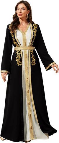 Elegant Muslim Dress with Gold Embroidered Evening Gown, Traditional Islamic Attire