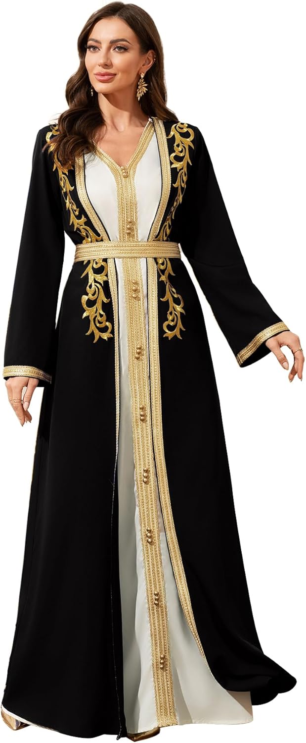 Elegant Muslim Dress with Gold Embroidered Evening Gown, Traditional Islamic Attire