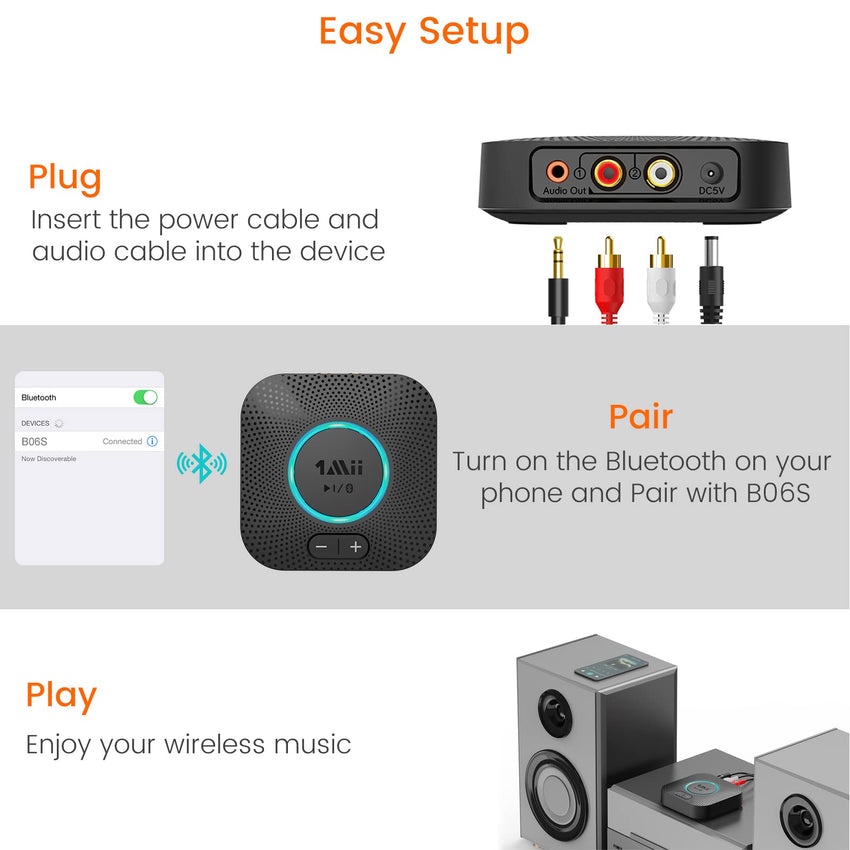 [Upgraded] 1Mii B06 Plus Bluetooth Receiver, HiFi Wireless Audio Adapter, Bluetooth 5.3 Receiver with 3D Surround aptX HD aptX Adaptive for Home Music Streaming Stereo System