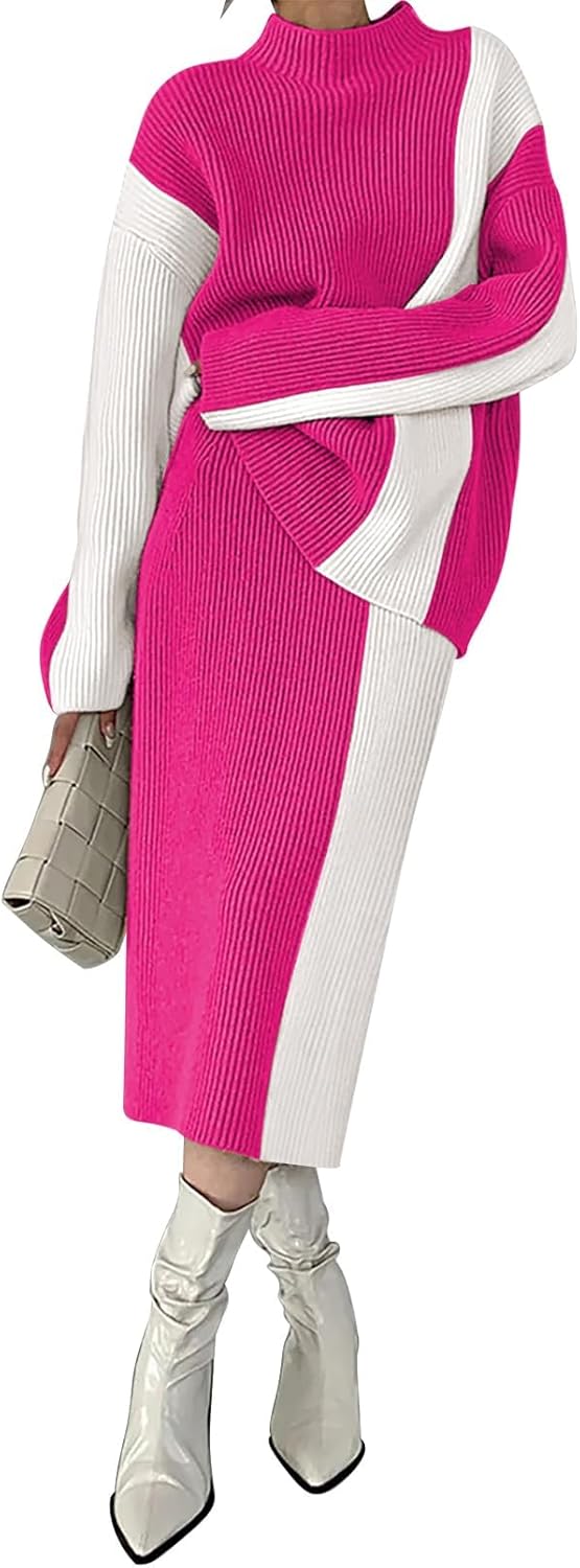 Pink Queen Women's 2 Piece Outfits 2025 Fall Winter Sweater Skirt Set Long Sleeve Oversized Top High Waist Color Block Dress
