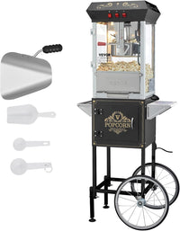 VEVOR Commercial Popcorn Machine, 8 Oz Kettle, 850 W Popcorn Maker on Wheels for 48 Cups per Batch, Theater Style Popper with 3-Switch Control Steel Frame Tempered Glass Doors Cart 1 Scoop 2 Spoons