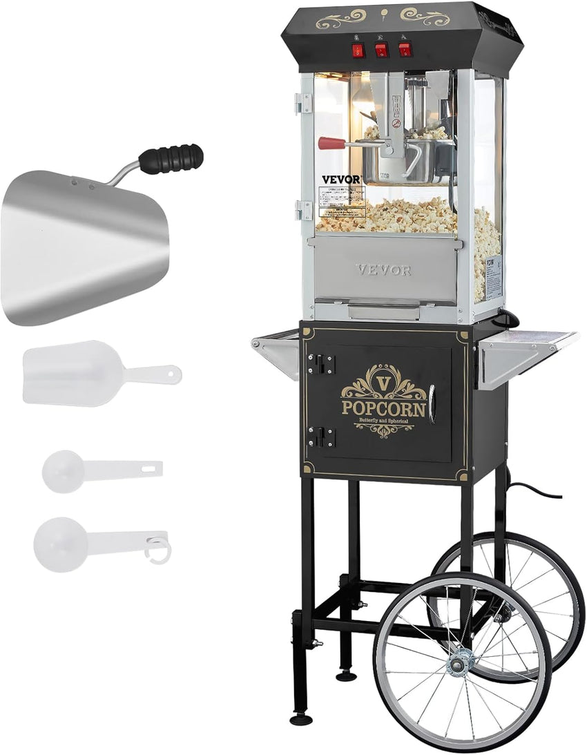 VEVOR Commercial Popcorn Machine, 8 Oz Kettle, 850 W Popcorn Maker on Wheels for 48 Cups per Batch, Theater Style Popper with 3-Switch Control Steel Frame Tempered Glass Doors Cart 1 Scoop 2 Spoons