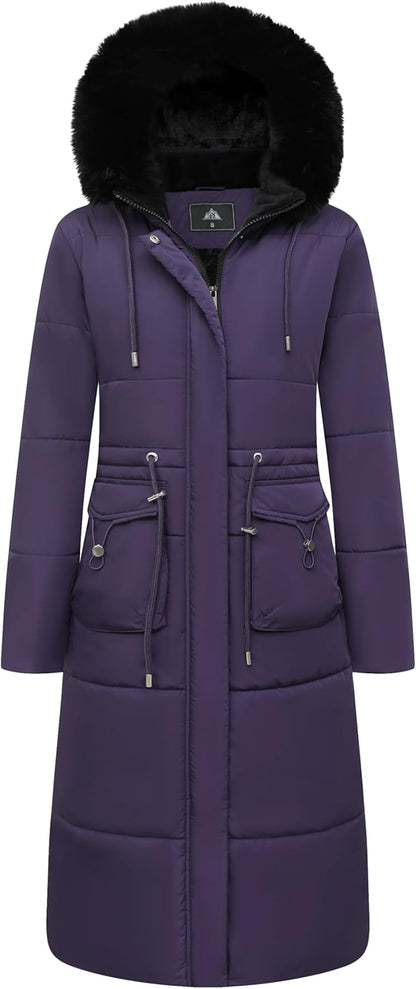 MOERDENG Women's Long Winter Puffer Coat Waterproof Warm Maxi Down Jacket Faux Fur Removable Hood Parka
