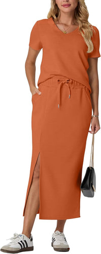 GRECERELLE Women Summer Casual 2 Piece Sets V-Neck Wrinkle-Free Top & Elastic Waist Midi Side Slit Skirt with Pockets(XS-3XL)