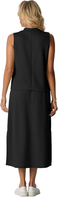 GRECERELLE Two Piece Skirt Sets for Women Summer Outfits with Pockets Lounge Sets Mock Neck Tops Split Maxi Skirt