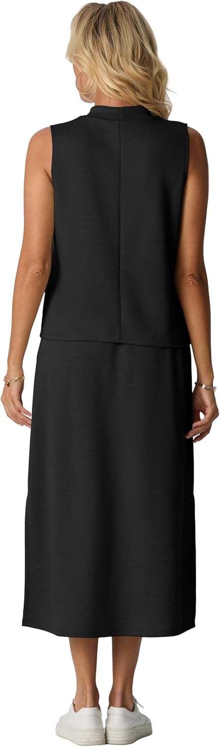 GRECERELLE Two Piece Skirt Sets for Women Summer Outfits with Pockets Lounge Sets Mock Neck Tops Split Maxi Skirt