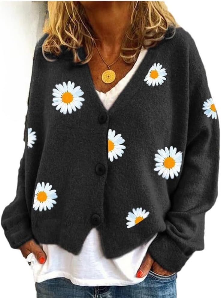 ZOCAVIA Women's Floral Knit Sweaters Cardigan Fall Winter Button Down Open Front Casual Flower Embroidered Cropped Sweaters