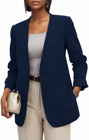 Mina Self 2025 Fall Women's Blazers Casual Lightweight Collarless V Neck One-Button Front Work Suit Jackets with Pockets