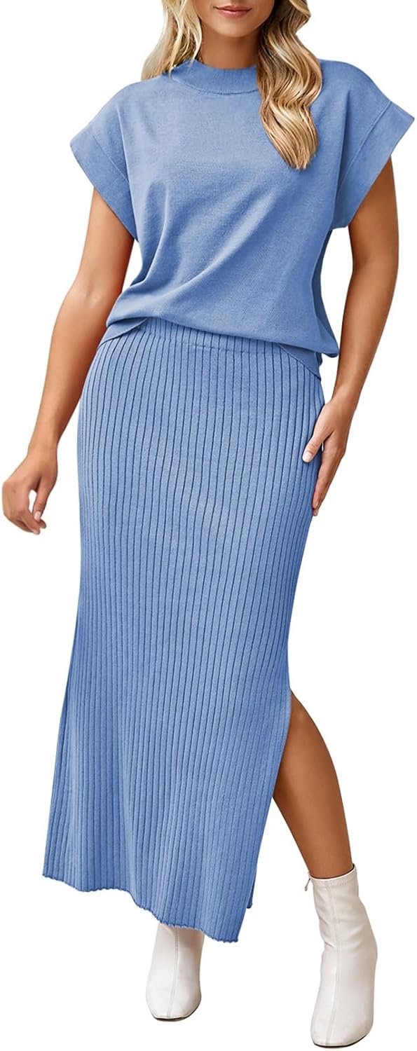 Pink Queen Women's 2 Piece Sweater Outfits Set Summer Cap Sleeve Tops Bodycon Maxi Long Skirt Knit Dresses