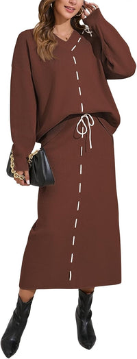 Pink Queen 2025 Women's 2 Piece Sweater Set V Neck Rib Knit Long Sleeve Maxi Bodycon Skirt Casual Outfits
