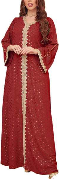 FPOVFPO Women's Muslim Abaya One-Piece V Neck Bronzing Dress Islamic Full Length Kaftan Daily Casual