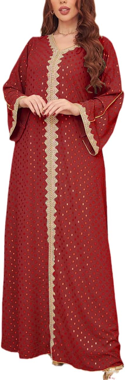 FPOVFPO Women's Muslim Abaya One-Piece V Neck Bronzing Dress Islamic Full Length Kaftan Daily Casual