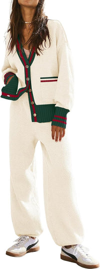 Women's 2 Piece Outfit Lounge Set Trendy Cardigan Sweater Pants Sets V Neck Button Pocket Knit Matching Loungewear