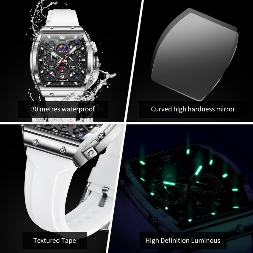 OLEVS Watches Men Chronograph Waterproof Rectangle Face Moon Phase Watches for Men Luminous Quartz Calendar Mens Wrist Watch - Silicon Strap