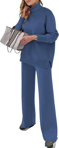 ANRABESS Womens 2 Piece Outfits Turtleneck Matching Lounge Set Sweater Top Wide Leg Pants Fall Cozy Knit Sweatsuit Loungewear