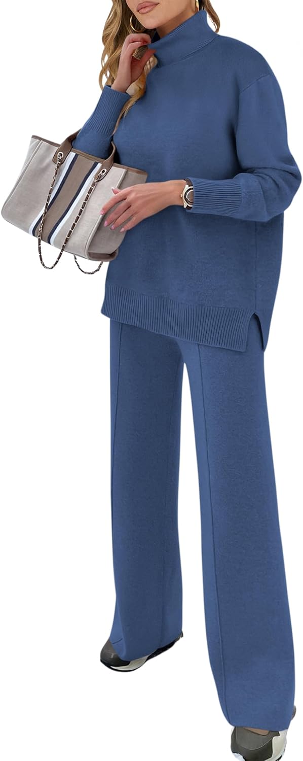 ANRABESS Womens 2 Piece Outfits Turtleneck Matching Lounge Set Sweater Top Wide Leg Pants Fall Cozy Knit Sweatsuit Loungewear