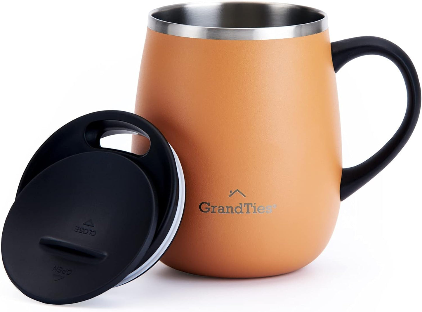 GRANDTIES Insulated Coffee Mug with Handle–Sliding Lid for Splash-Proof 16oz Wine-Glass Shape Thermal Tumbler with Double Walled Vacuum Stainless Steel to Keeps Beverages Hot or Cold-Cognac Metallic