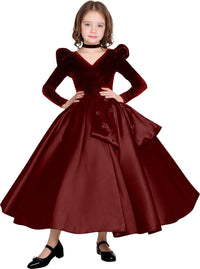 Long Sleeve Velvet Flower Girl Dresses A Line Crystal Satin Formal Dresses for Christmas