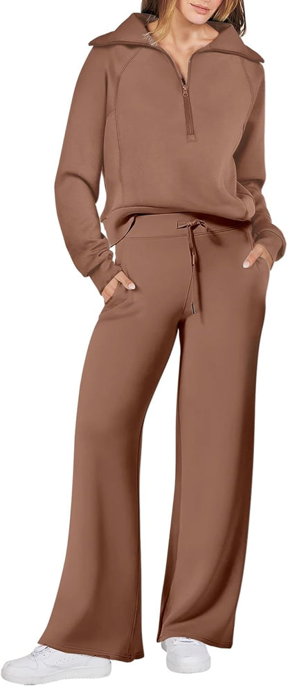 ANRABESS Women 2 Piece Outfits 2025 Fall Fashion Airport Wide Leg Pants Lounge Set Leisure Travel Vacation Clothes Sweatsuits