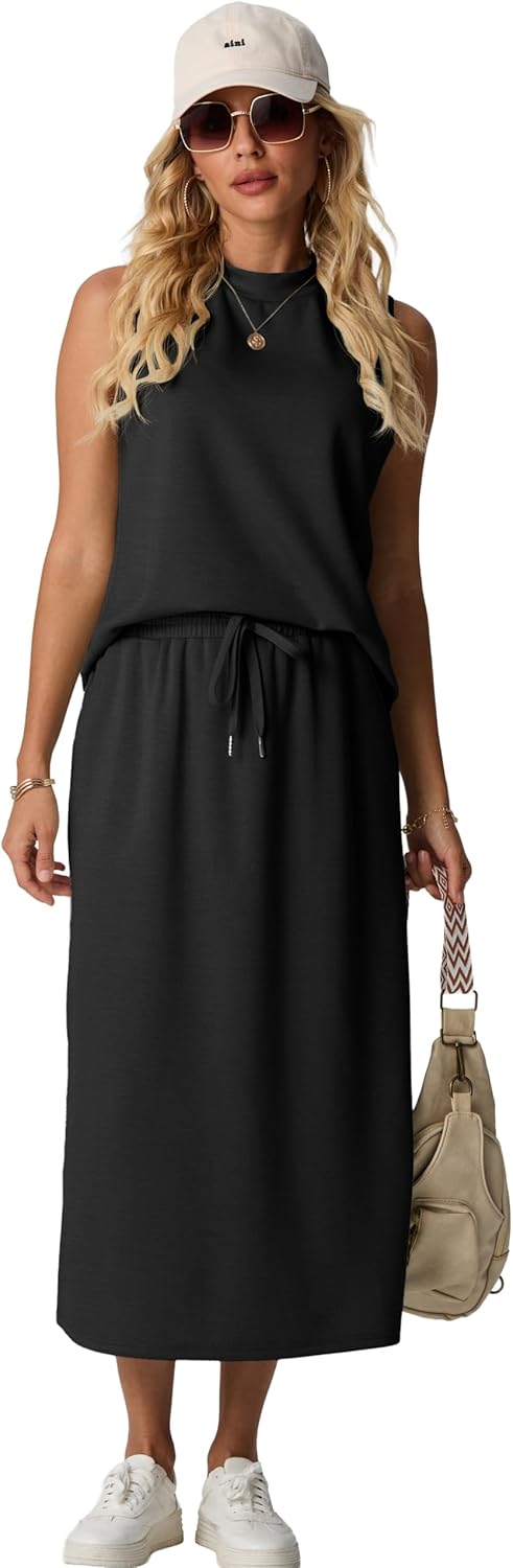 GRECERELLE Two Piece Skirt Sets for Women Summer Outfits with Pockets Lounge Sets Mock Neck Tops Split Maxi Skirt