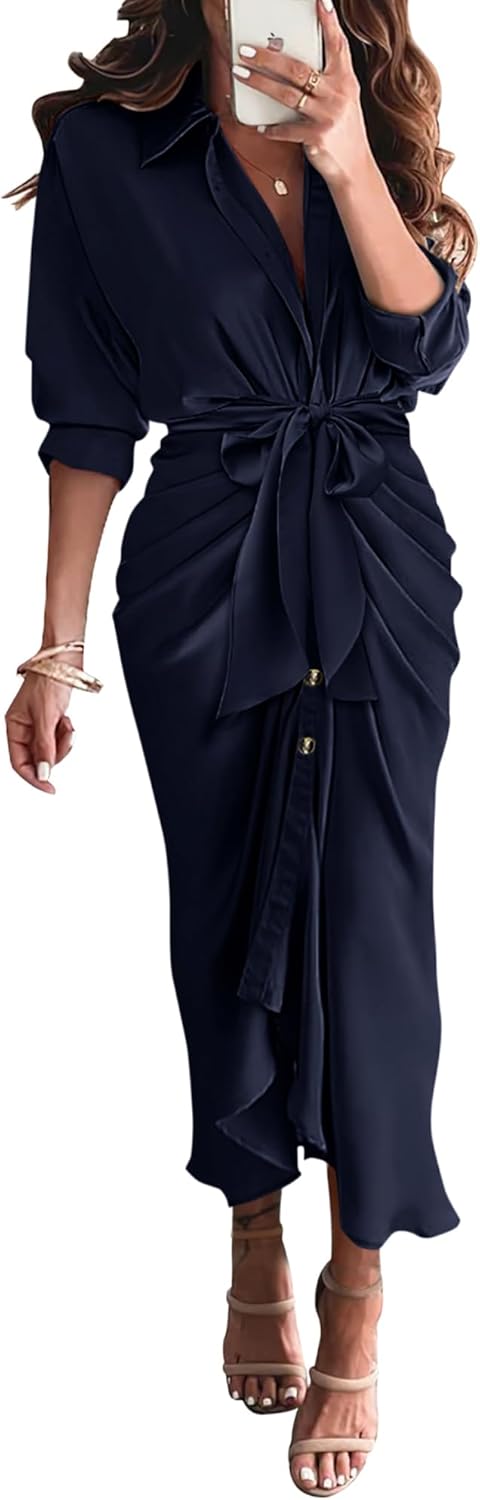 BTFBM Summer Dresses for Women 2025 Long Sleeve Lapel V Neck Button Down Elegant Belted Ruched Satin Shirt Fall Dress